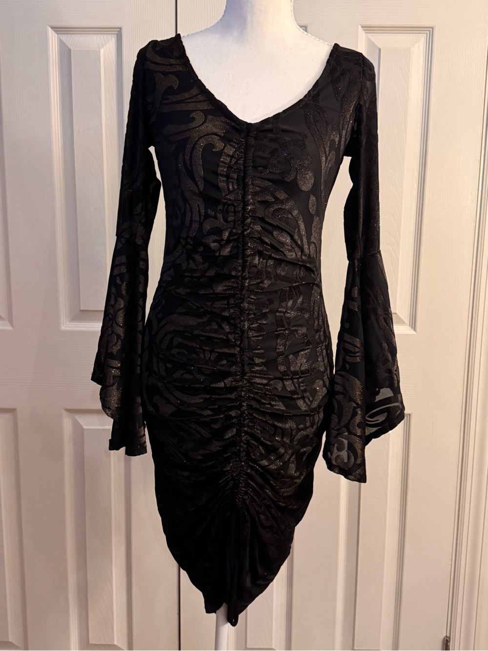 Black Ruched Scoop-Neck Dress with Bell Sleeves